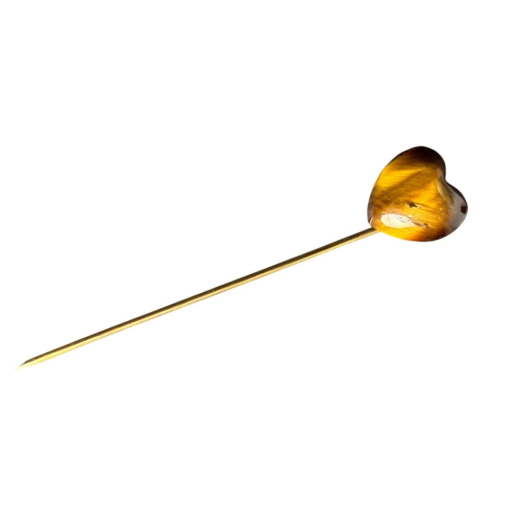 Vintage‎ Tigers Eye Heart Stick Pin Gold Tone Metal Brown Gemstone Lapel Pin